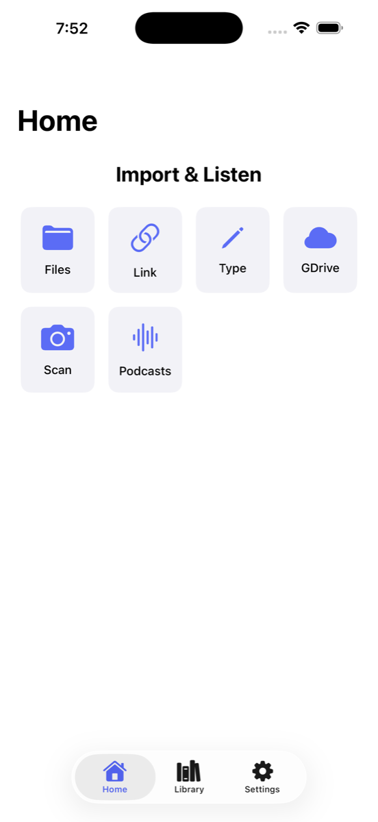 HearNow home screen with import options